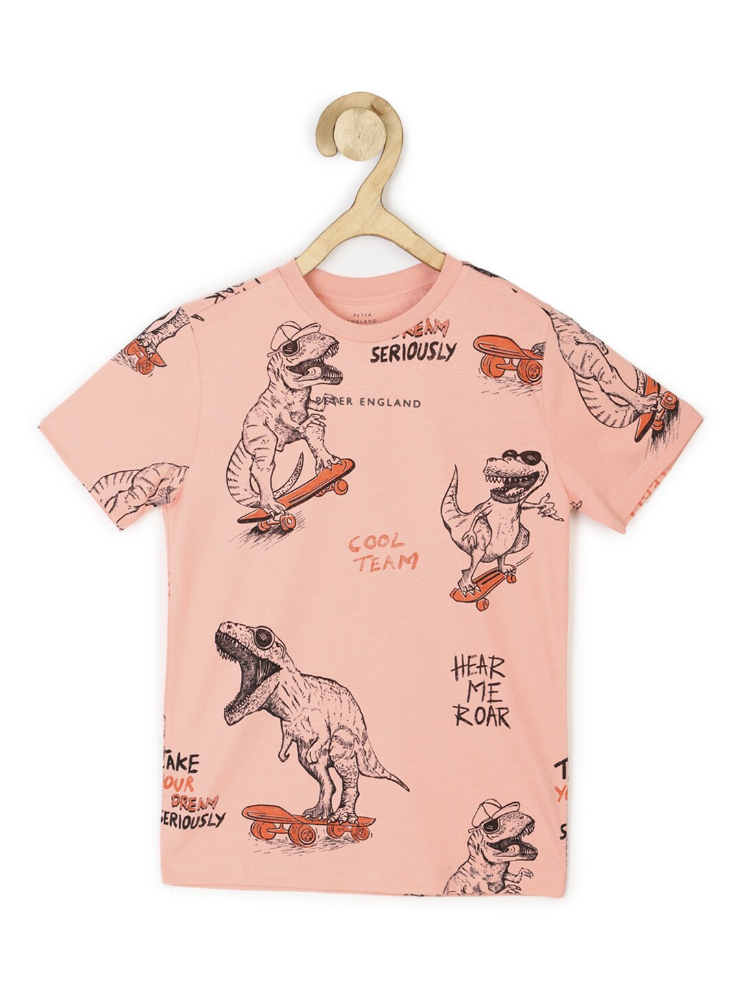 

Peter England Boys Peach-Coloured Printed Pure Cotton T-shirt
