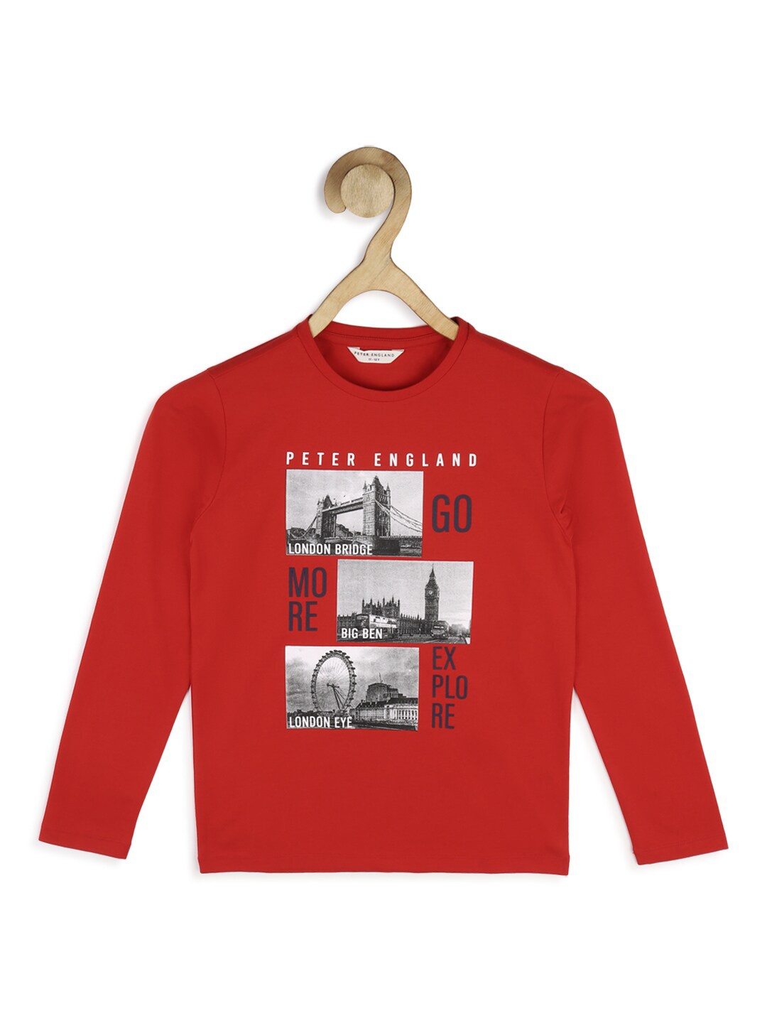 

Peter England Boys Red & Grey Printed Pure Cotton T-shirt