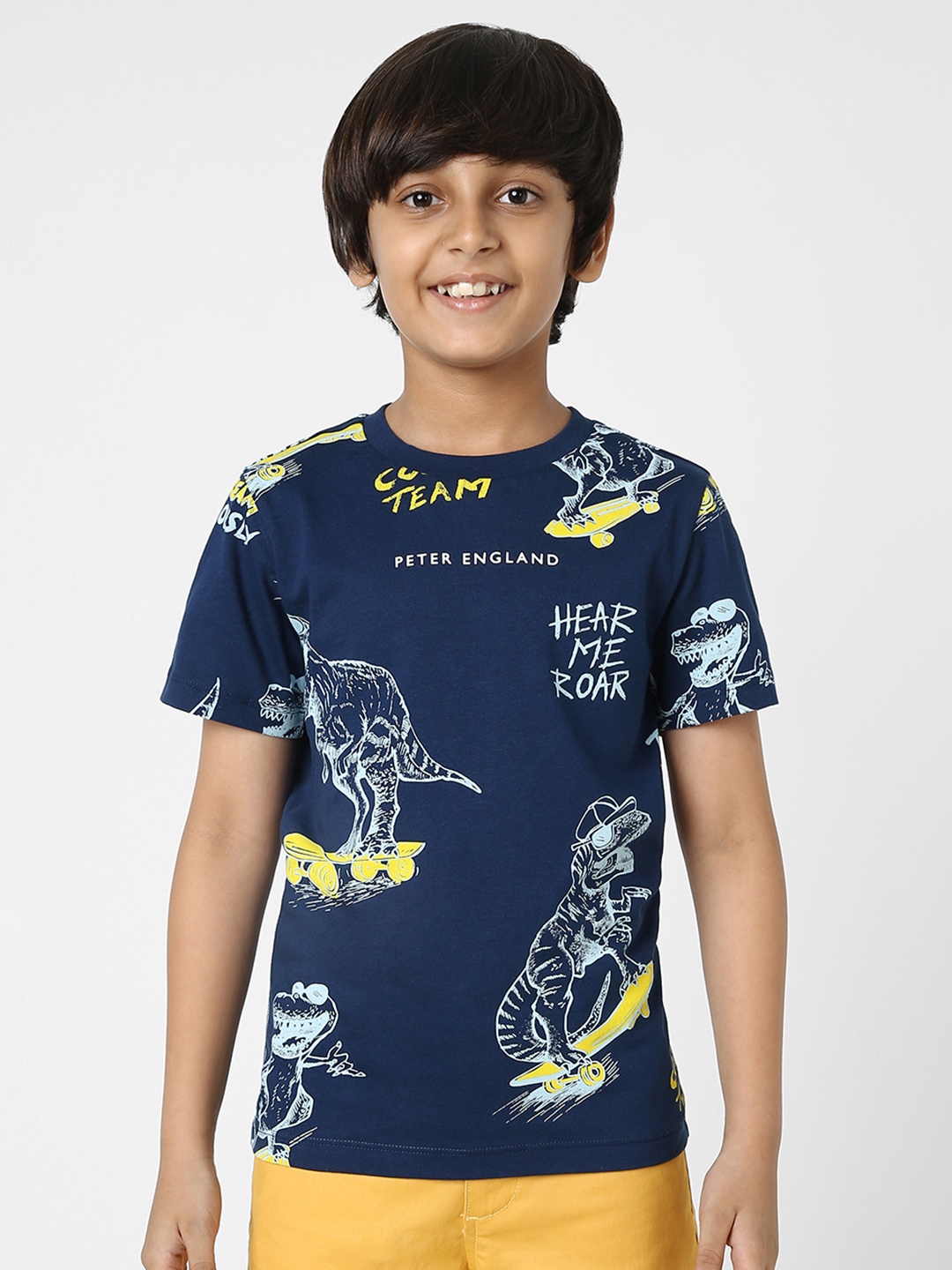 

Peter England Boys Navy Blue & White Printed Pure Cotton T-shirt