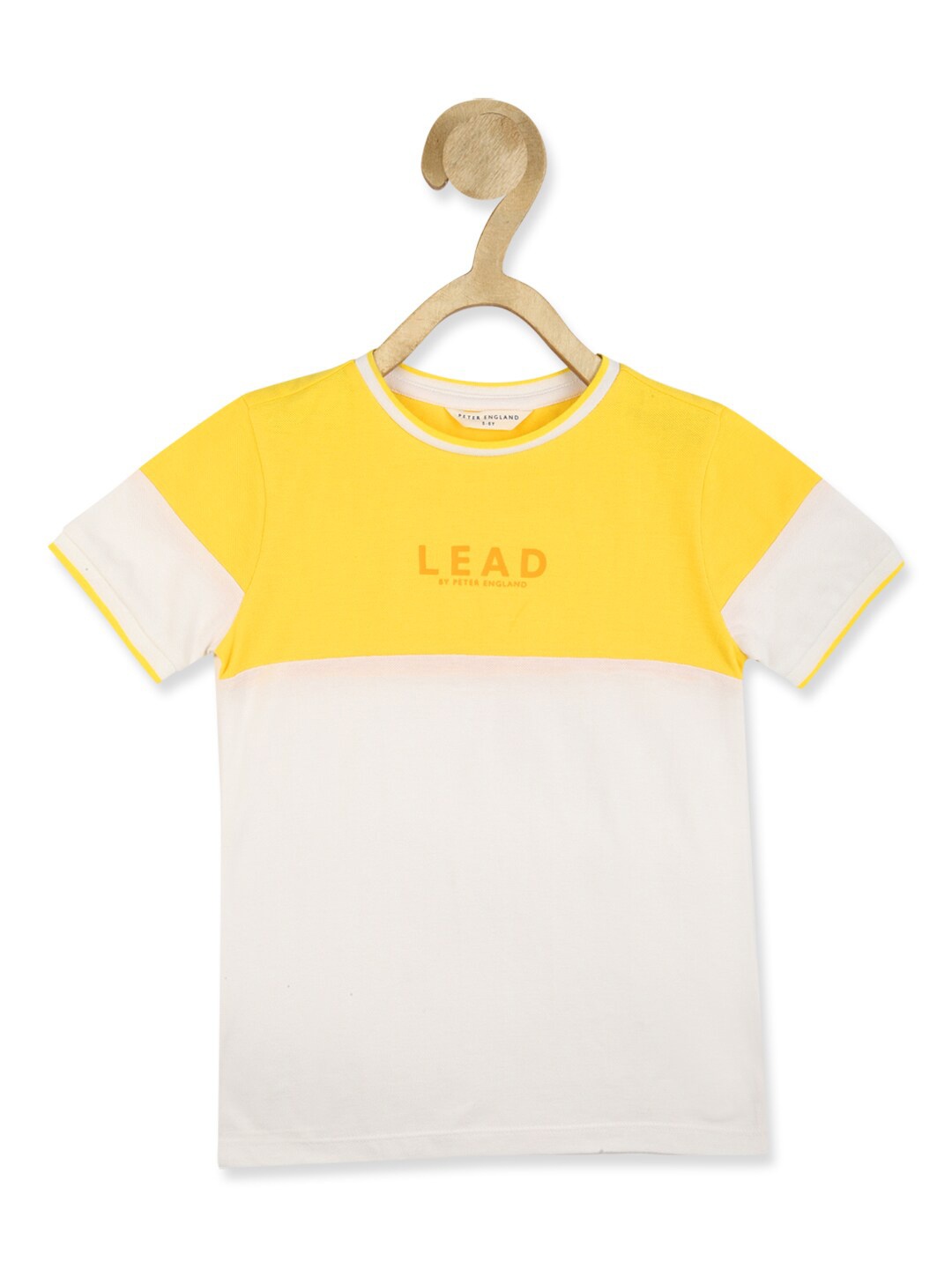 

Peter England Boys White & Yellow Colourblocked Pure Cotton T-shirt