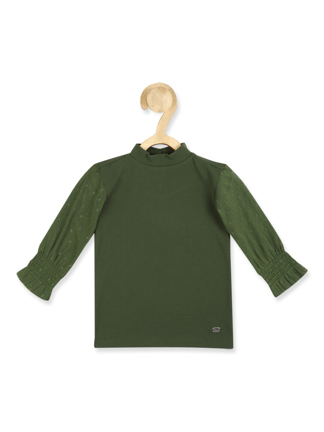 

Peter England Girls Olive Green High Neck Puff Sleeves T-shirt