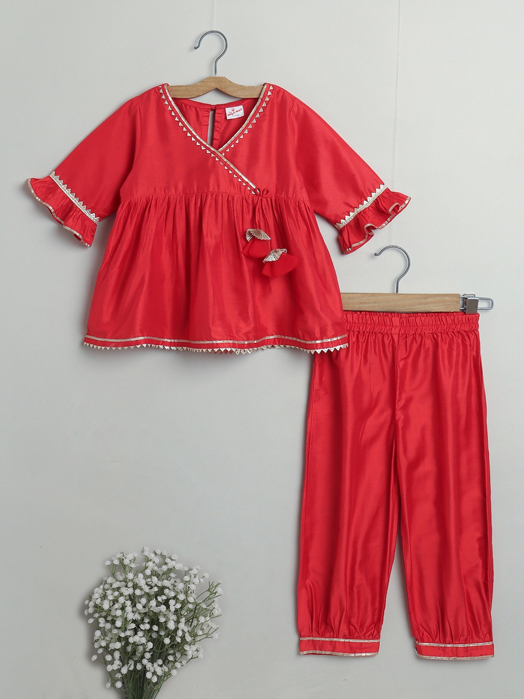 

The Magic Wand Girls Red Ethnic Motifs Gotta Patti Kurti with Trousers