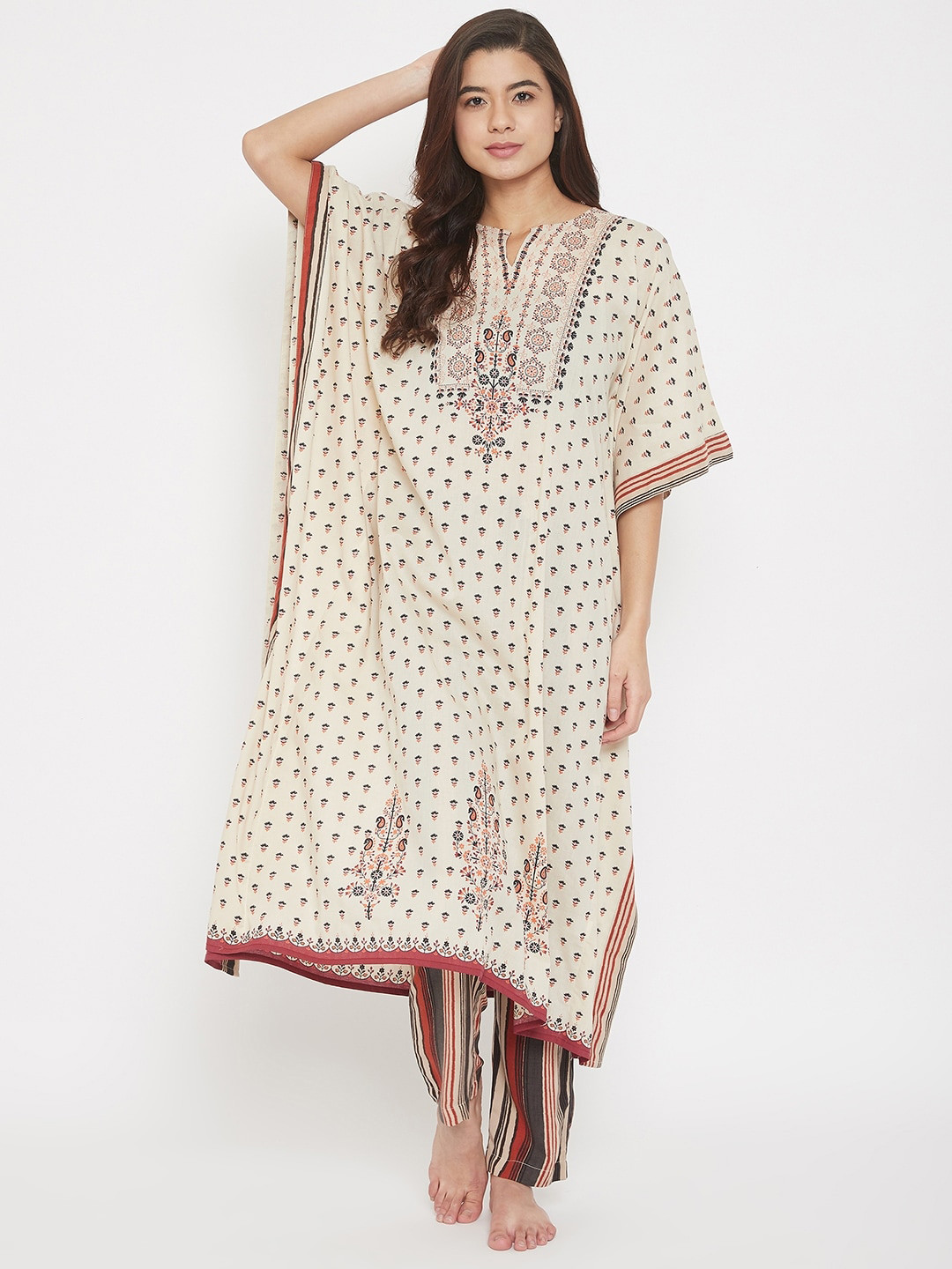 

The Kaftan Company Women Off White & Red Printed Pure Cotton Night suit