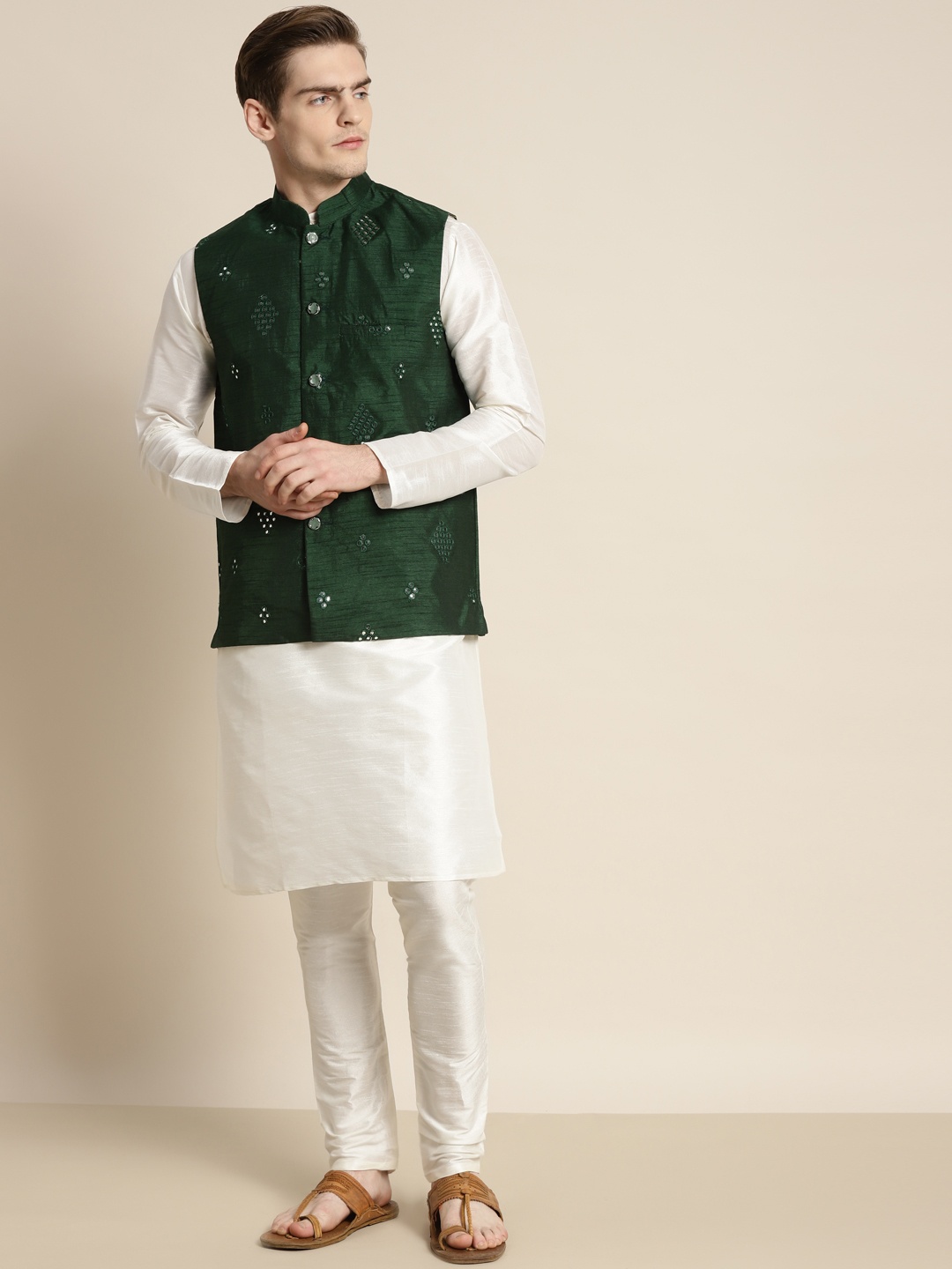 SOJANYA Men Off White Embroidered Mirror Work Kurta with Churidar