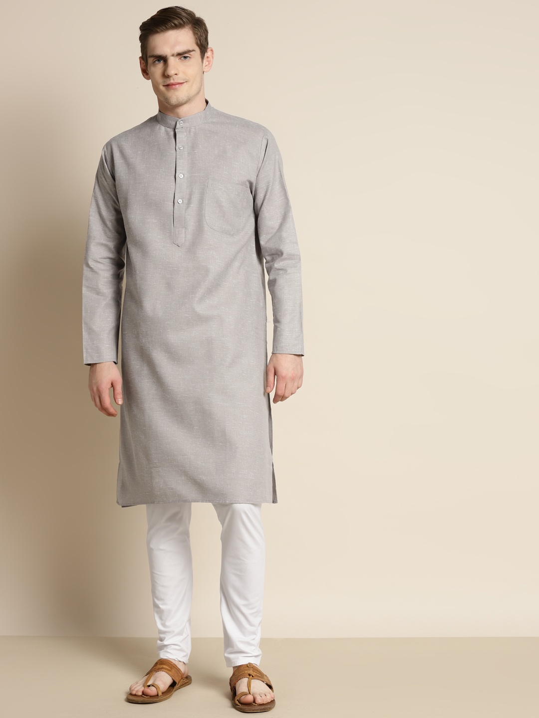 

SOJANYA Men Solid Cotton Linen Kurta with Churidar, Grey