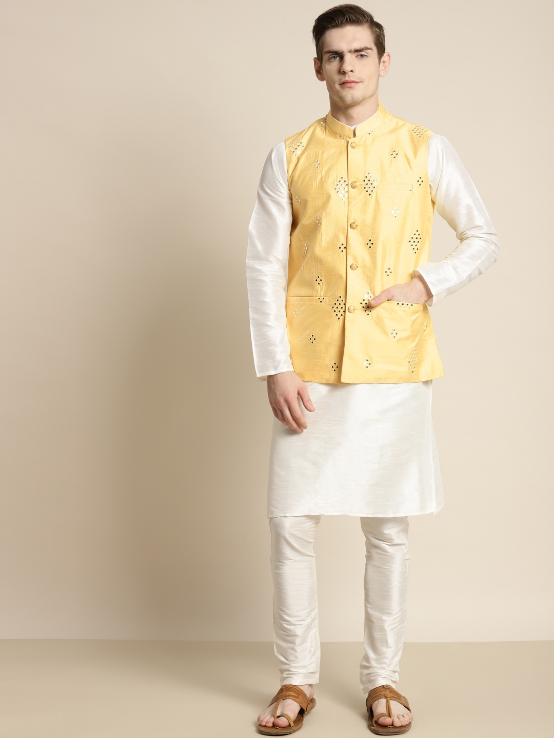 SOJANYA Men Off White Embroidered Mirror Work Kurta with Churidar