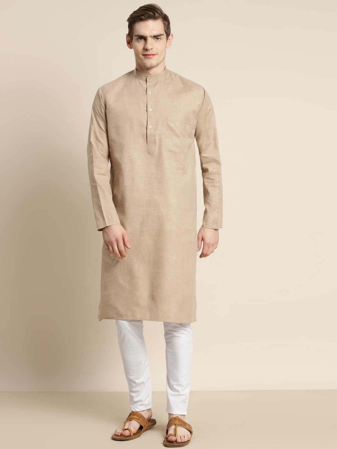 

SOJANYA Men Solid Cotton Linen Kurta with Churidar, Beige