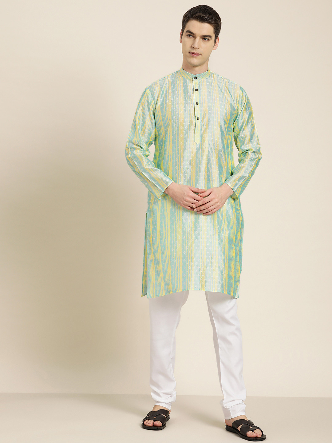 

SOJANYA Men Striped & Embroidered Kurta with Churidar, Sea green