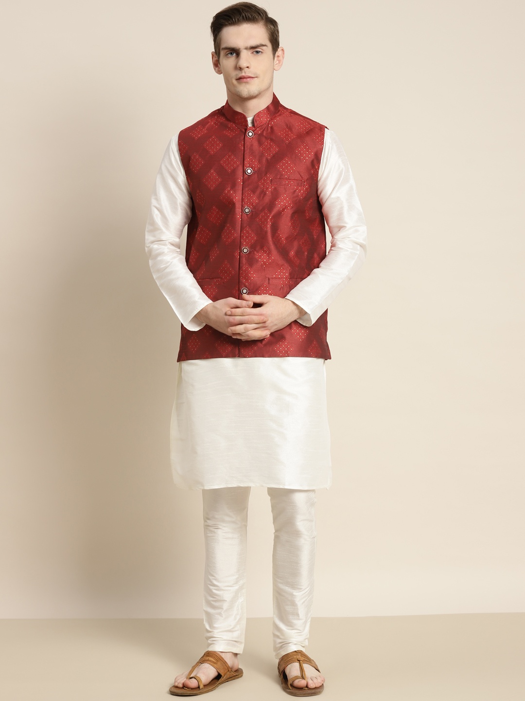 

SOJANYA Men Cream-Coloured Kurta with Churidar