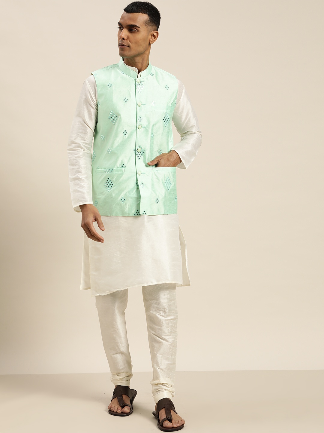 

SOJANYA Off White & Sea Green Silk Blend Kurta with Churidar