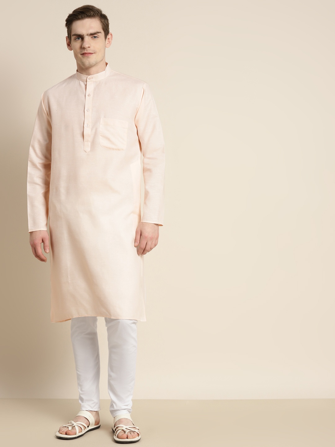 

SOJANYA Men Solid Kurta with Churidar, Peach