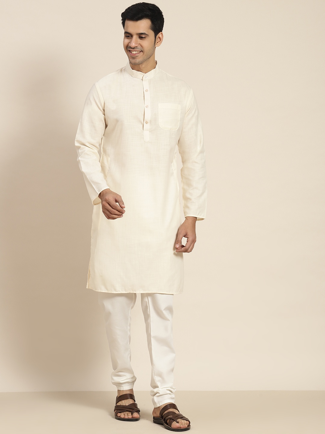 

SOJANYA Men Cream-Coloured Kurta with Churidar