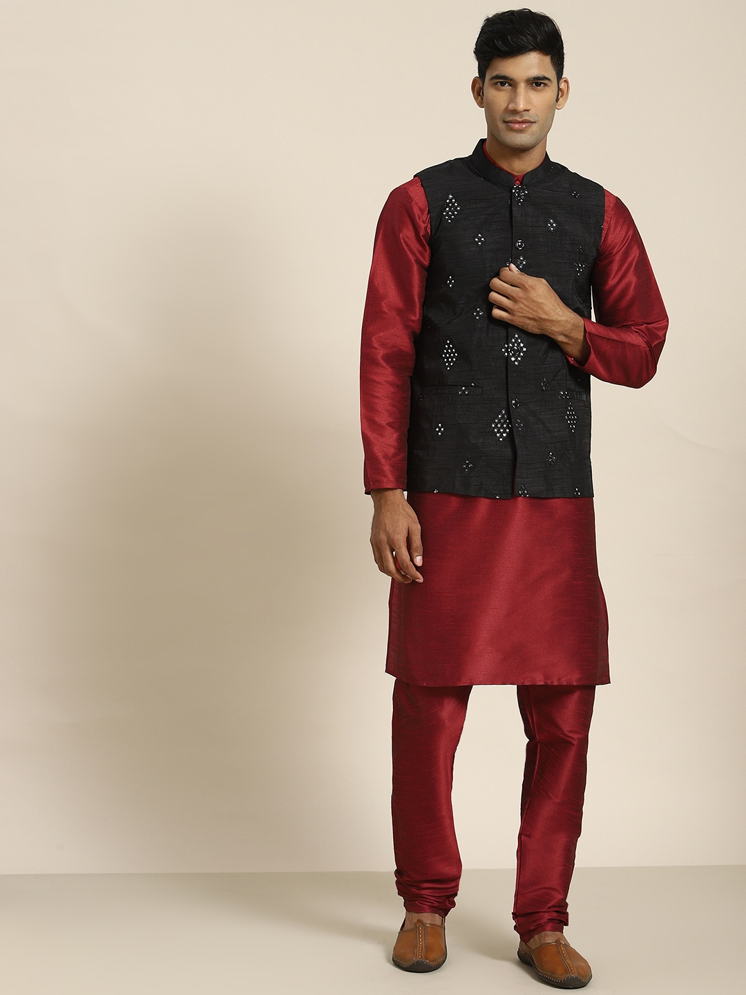 SOJANYA Men Maroon Mirror Work Kurta with Churidar with Nehru Jacket