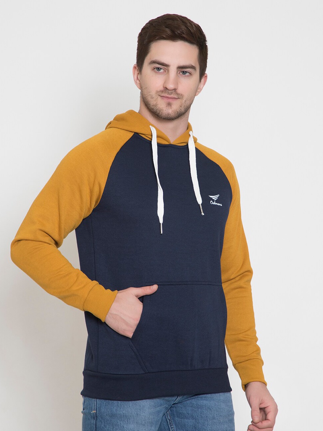 

Oakmans Men Mustard Colourblocked Fleece Sweatshirt