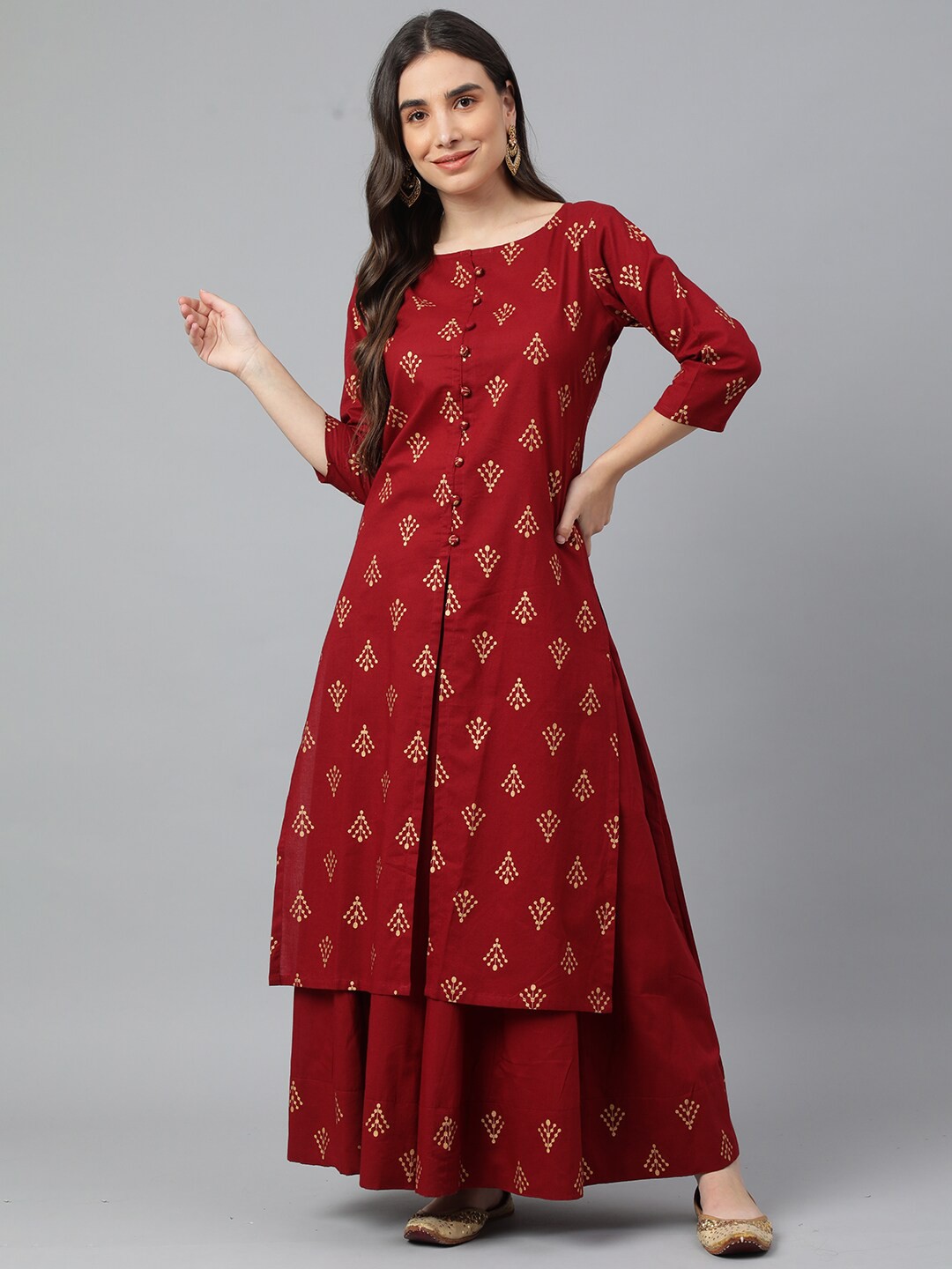 

Idalia Women Maroon Ethnic Motifs Printed Panelled Cotton Kurta with Skirt