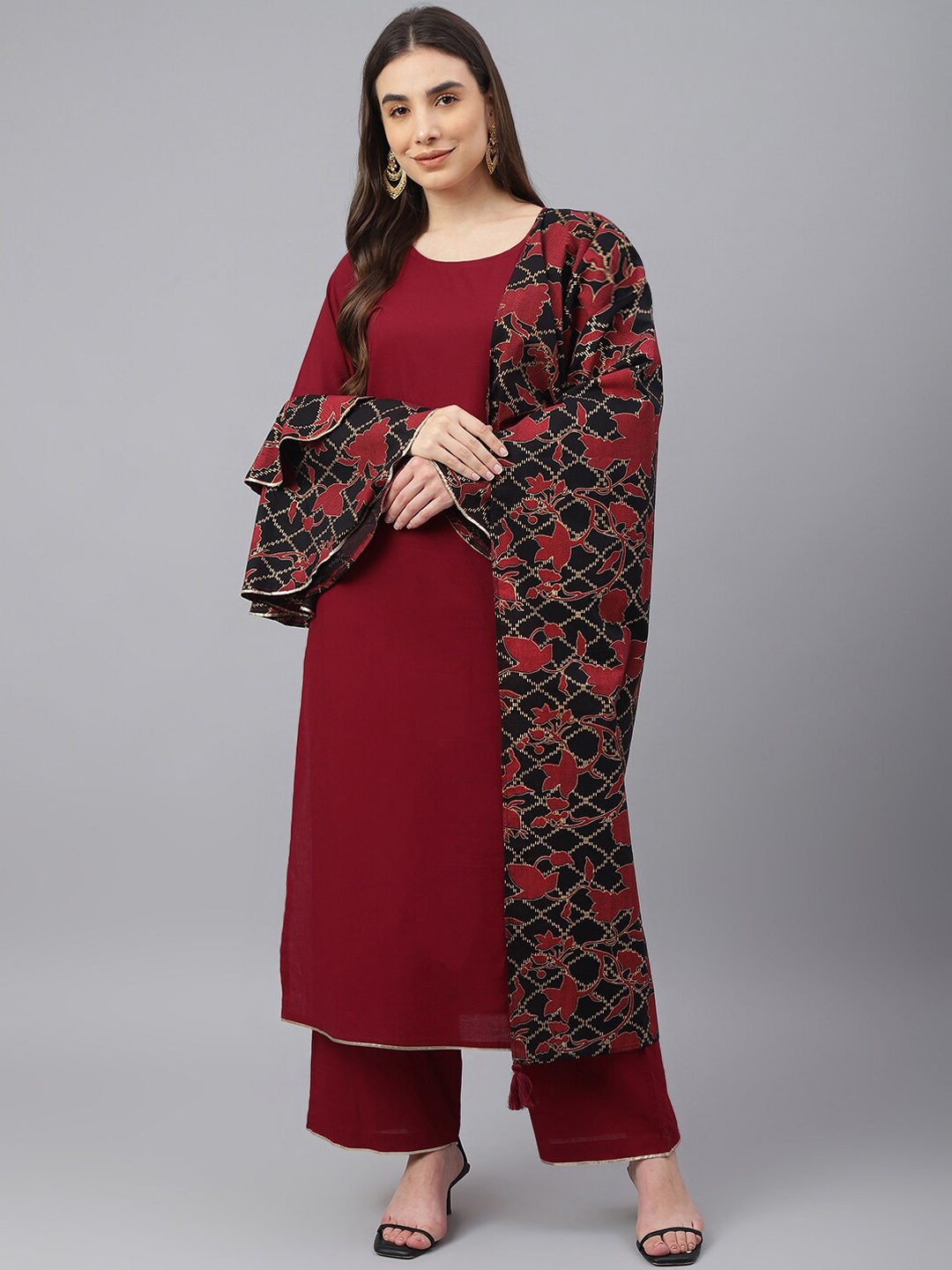 

Idalia Women Maroon Cotton Kurta with Palazzos & With Dupatta
