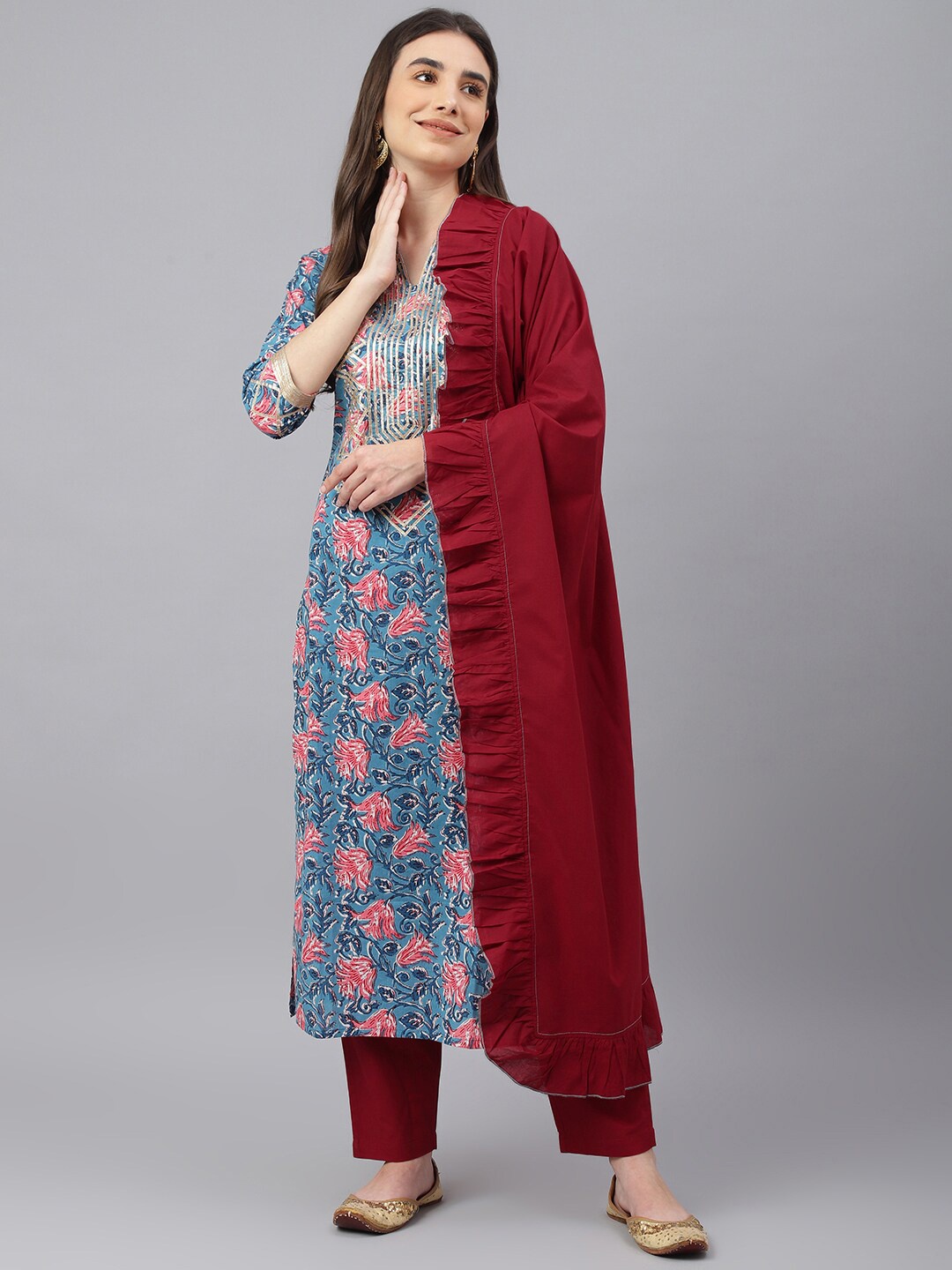 

Idalia Women Blue Floral Printed Gotta Patti Kurta with Trousers & With Dupatta