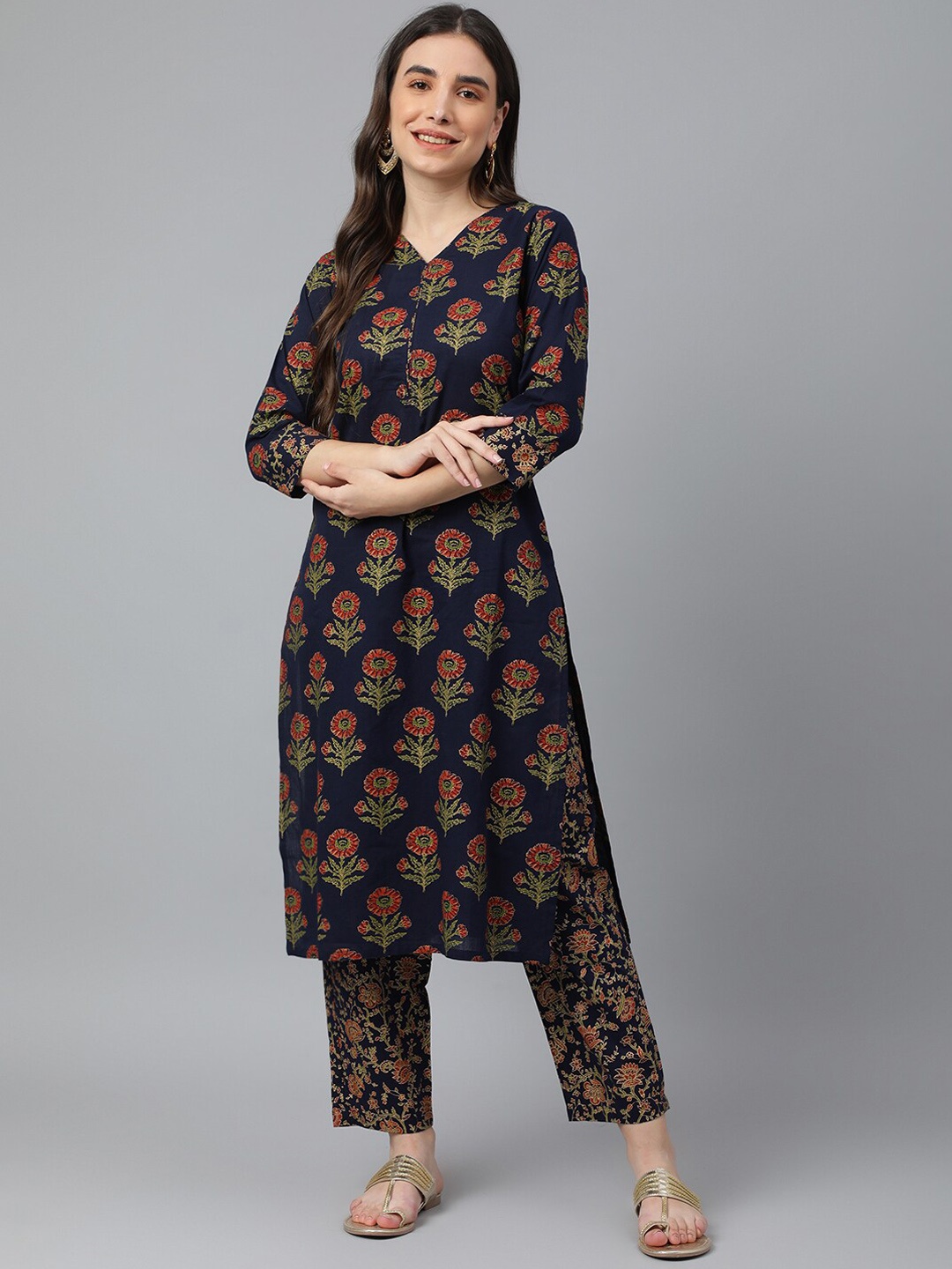 

Idalia Women Navy Blue Floral Printed Pure Cotton Kurta with Trousers