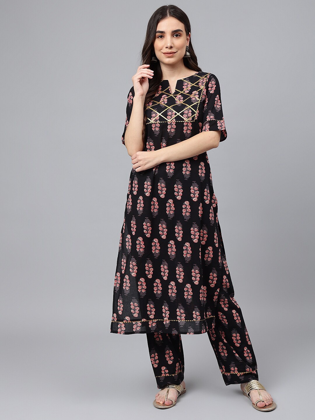 

Idalia Women Black Floral Printed Gotta Patti Kurta with Trousers