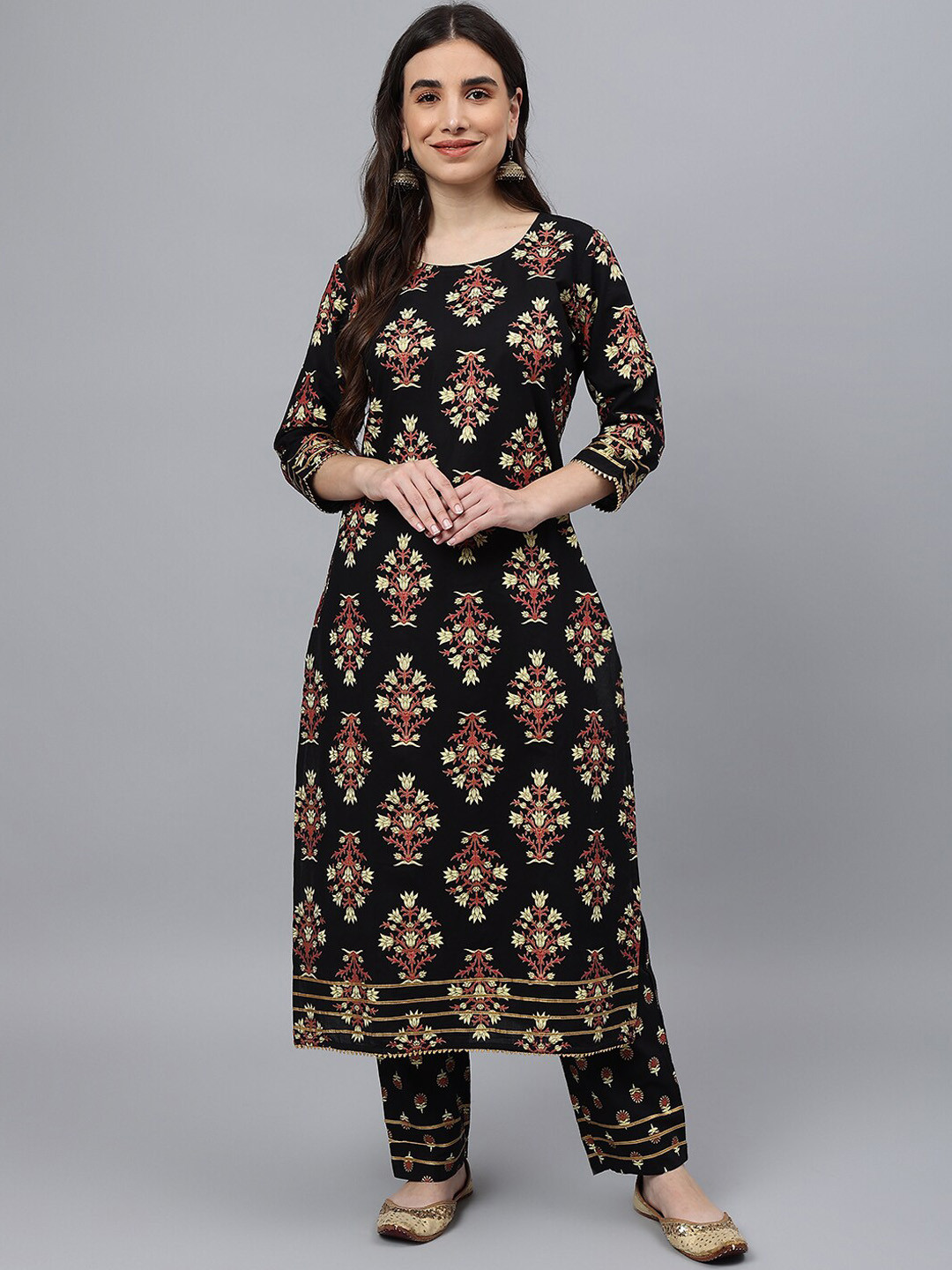 

Idalia Women Black Floral Printed Gotta Patti Cotton Kurta with Trousers