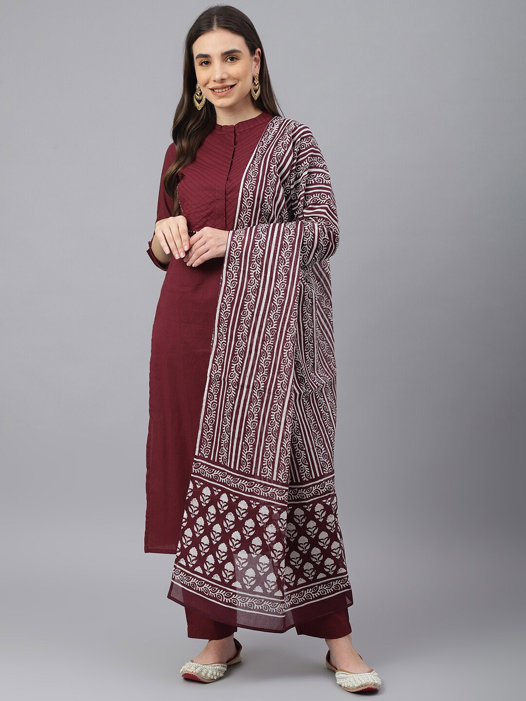 

Idalia Women Maroon Yoke Design Kurta with Trousers & With Dupatta