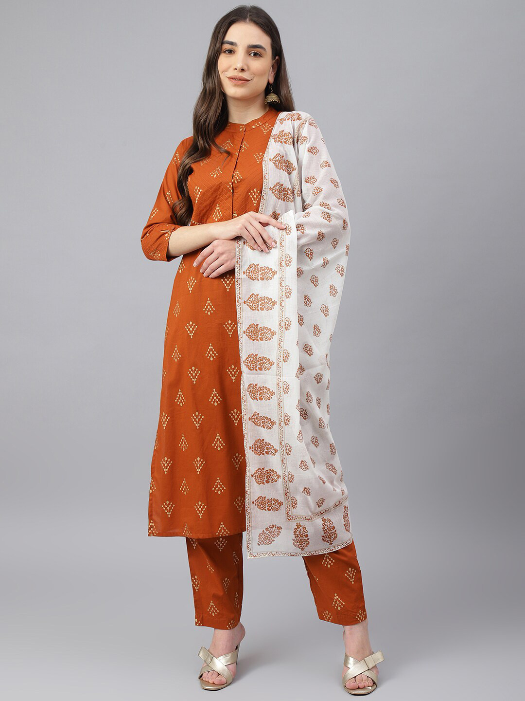 

Idalia Women Rust Ethnic Motifs Printed Kurta with Trouser & With Dupatta Set