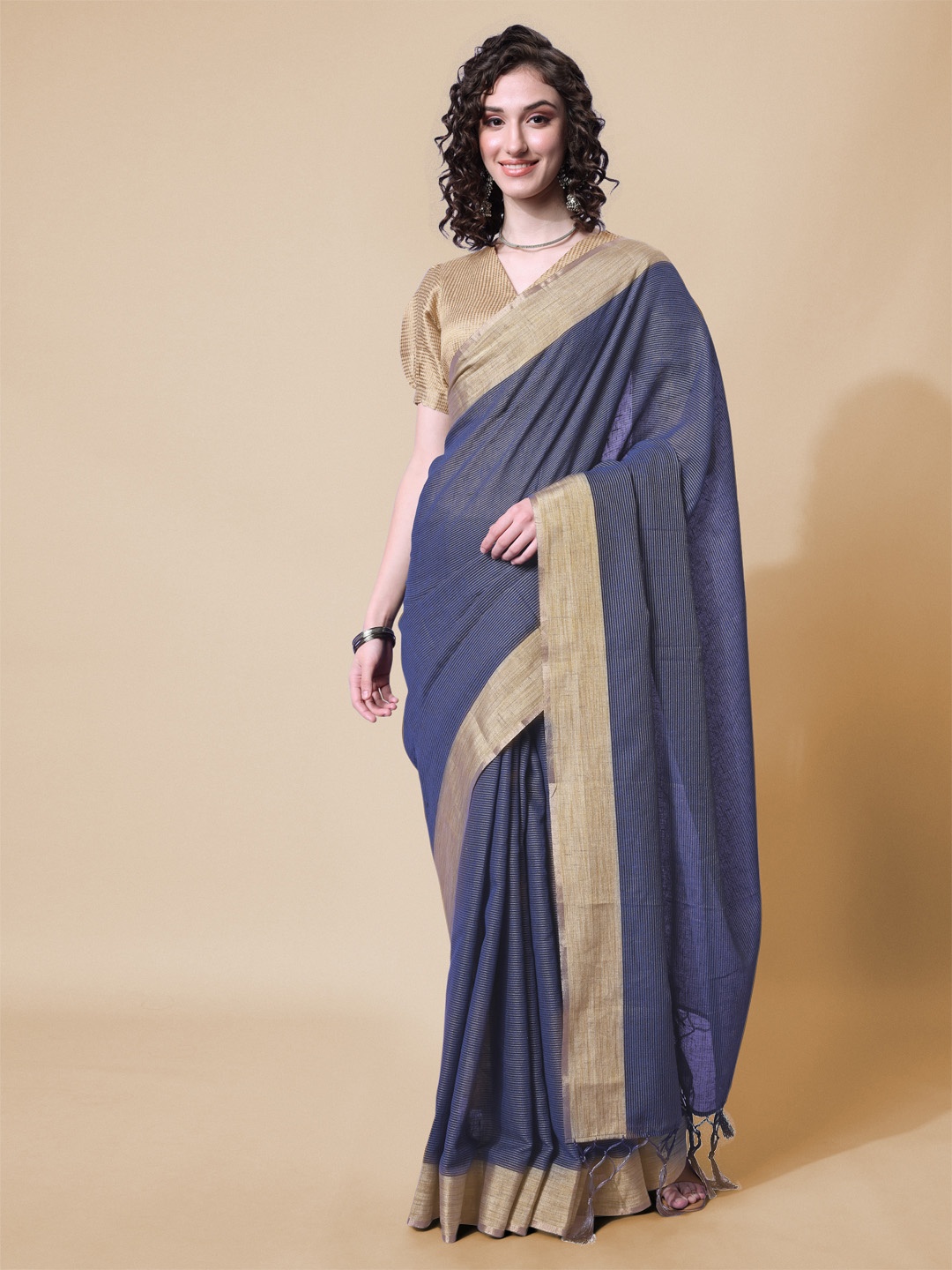 

Inddus Navy Blue & Brown Woven Design Saree