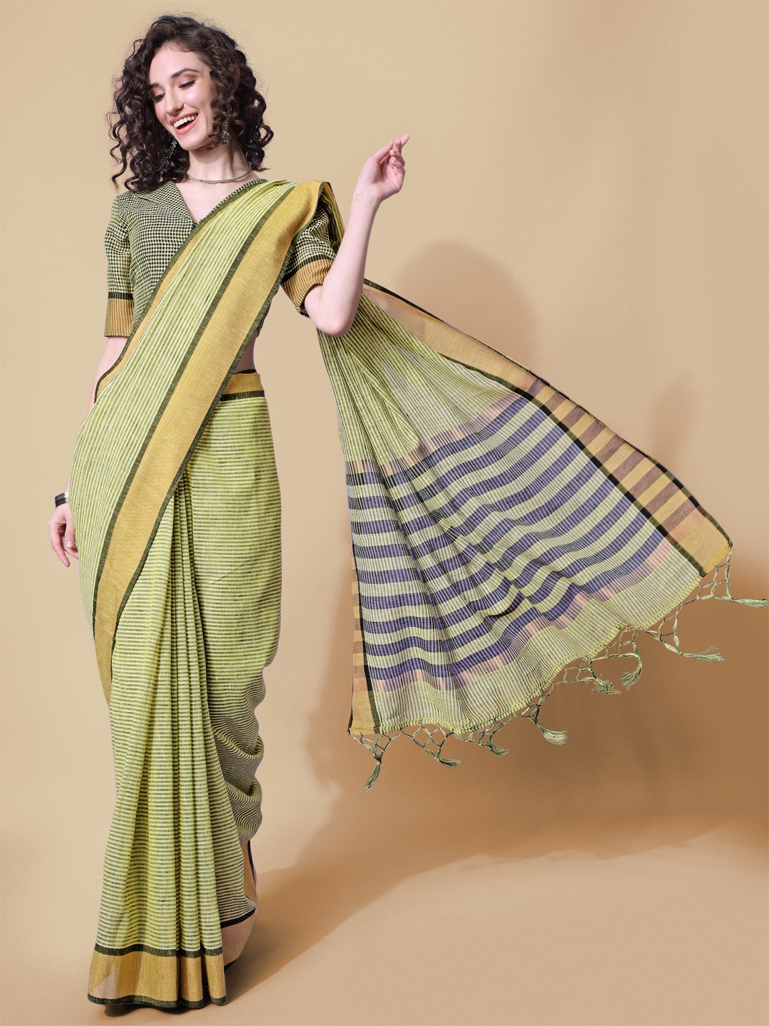 

Inddus Green & Black Striped Saree