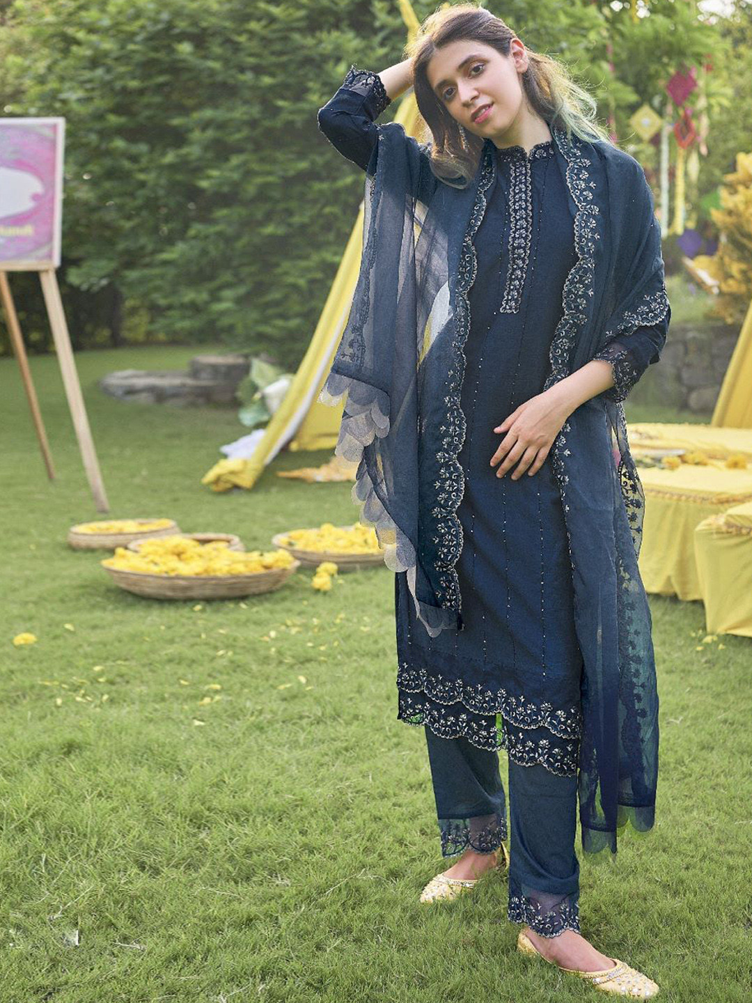 

AUTUMN LANE Women Blue Floral Embroidered Sequinned Kurta with Trousers & Dupatta