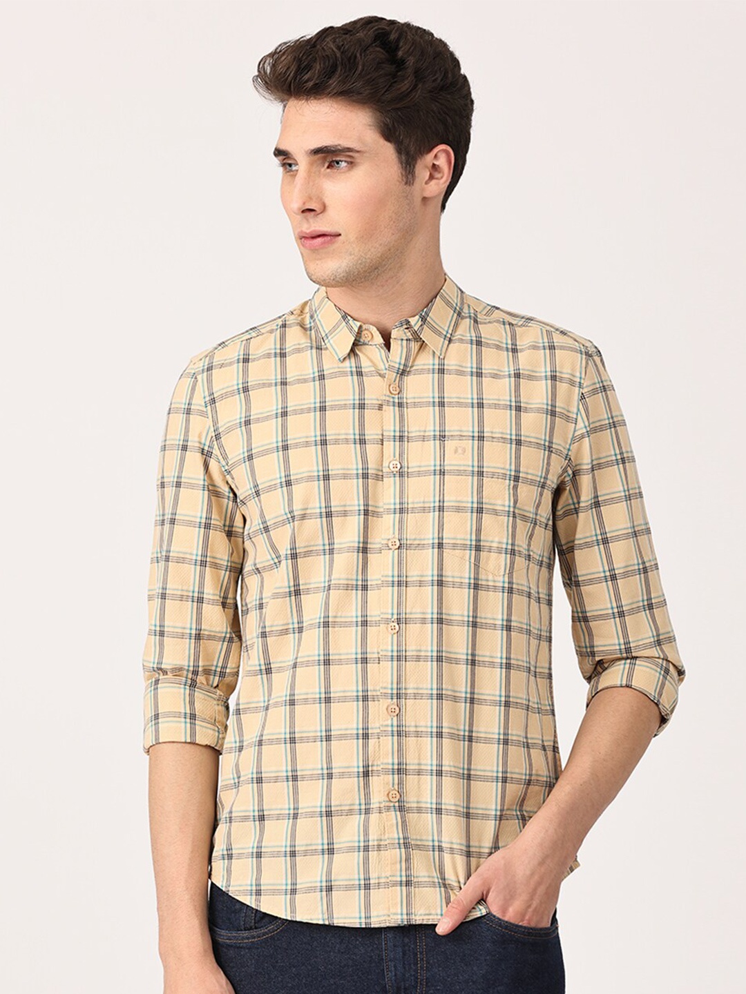 

Crosscreek Men Comfort Slim Fit Checked Casual Cotton Shirt, Beige