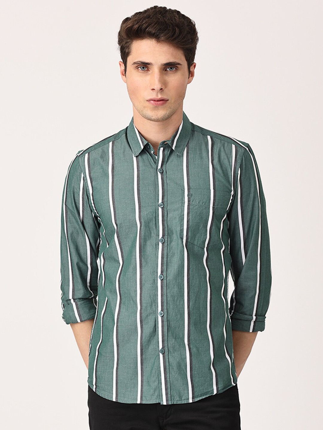 

Crosscreek Men Comfort Slim Fit Striped Pure Cotton Casual Shirt, Green
