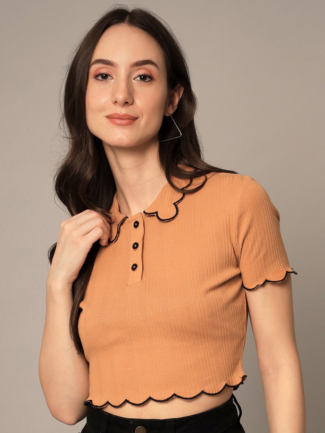

Yaadleen Women Mustard Yellow Pure Cotton Shirt Style Crop Top