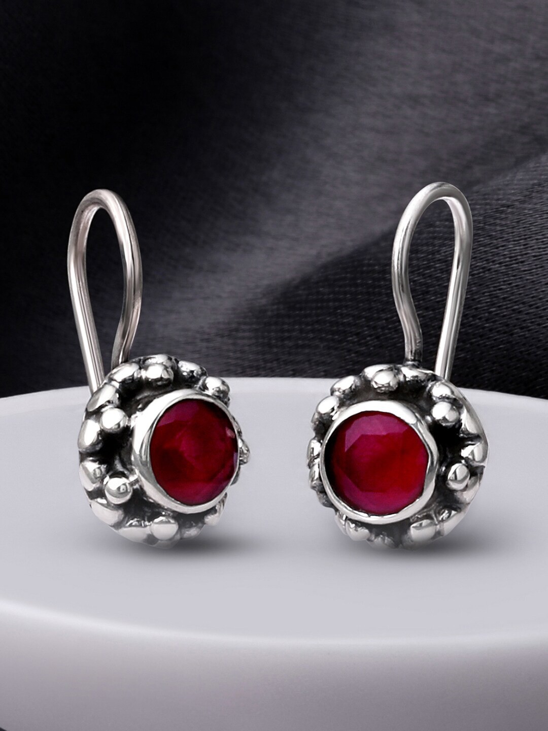 

Silvora by Peora Women Silver Plated Oxidised Magenta Geometric Drop Earrings