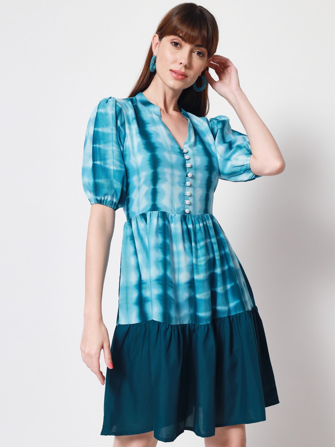 

VAANI CREATION Blue & Teal Tie and Dye A-Line Dress