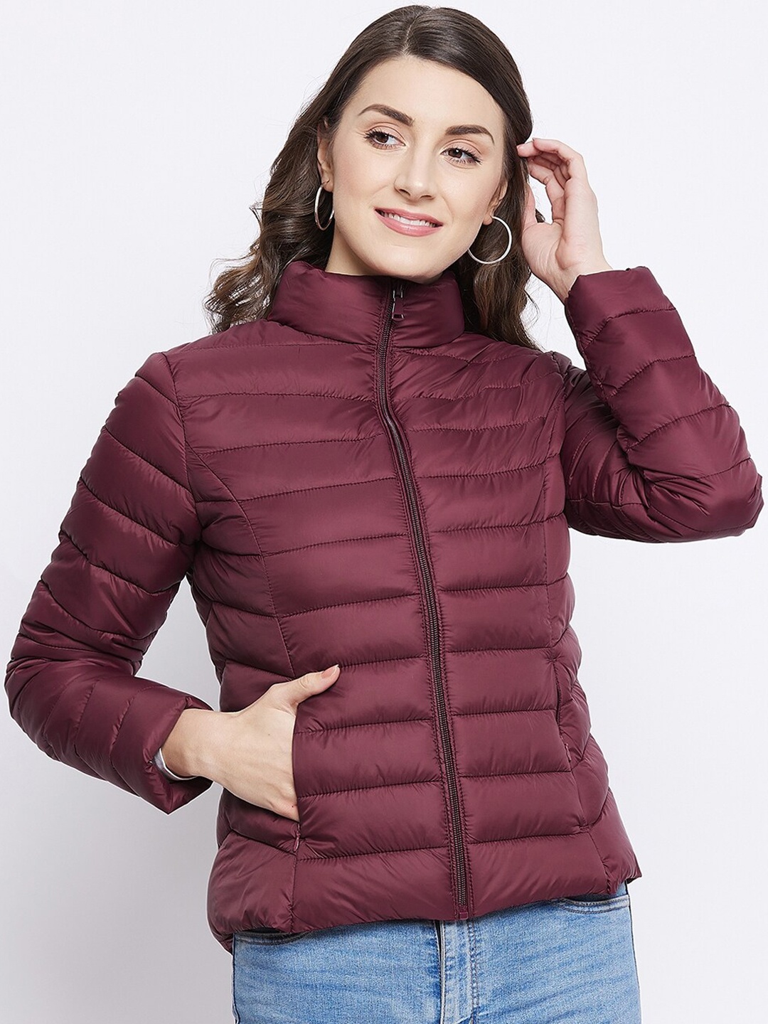 

Madame Women Plus Size Maroon Solid Puffer Jacket