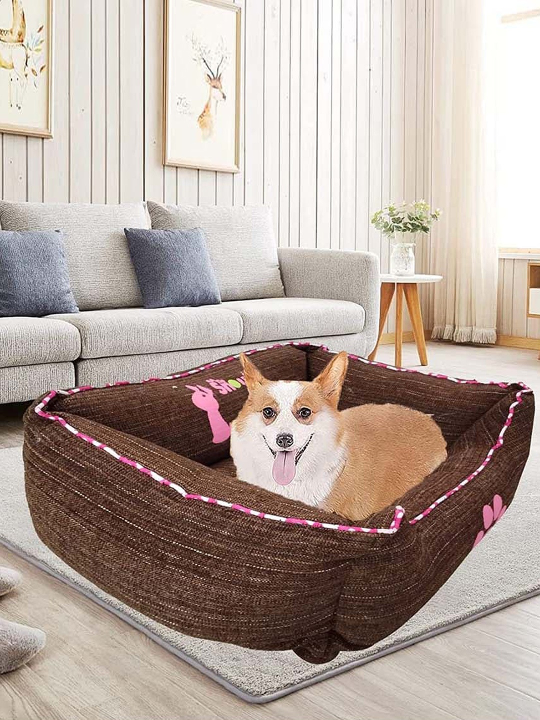 

Lulala Brown Printed Paw Rectangle Pet Bed