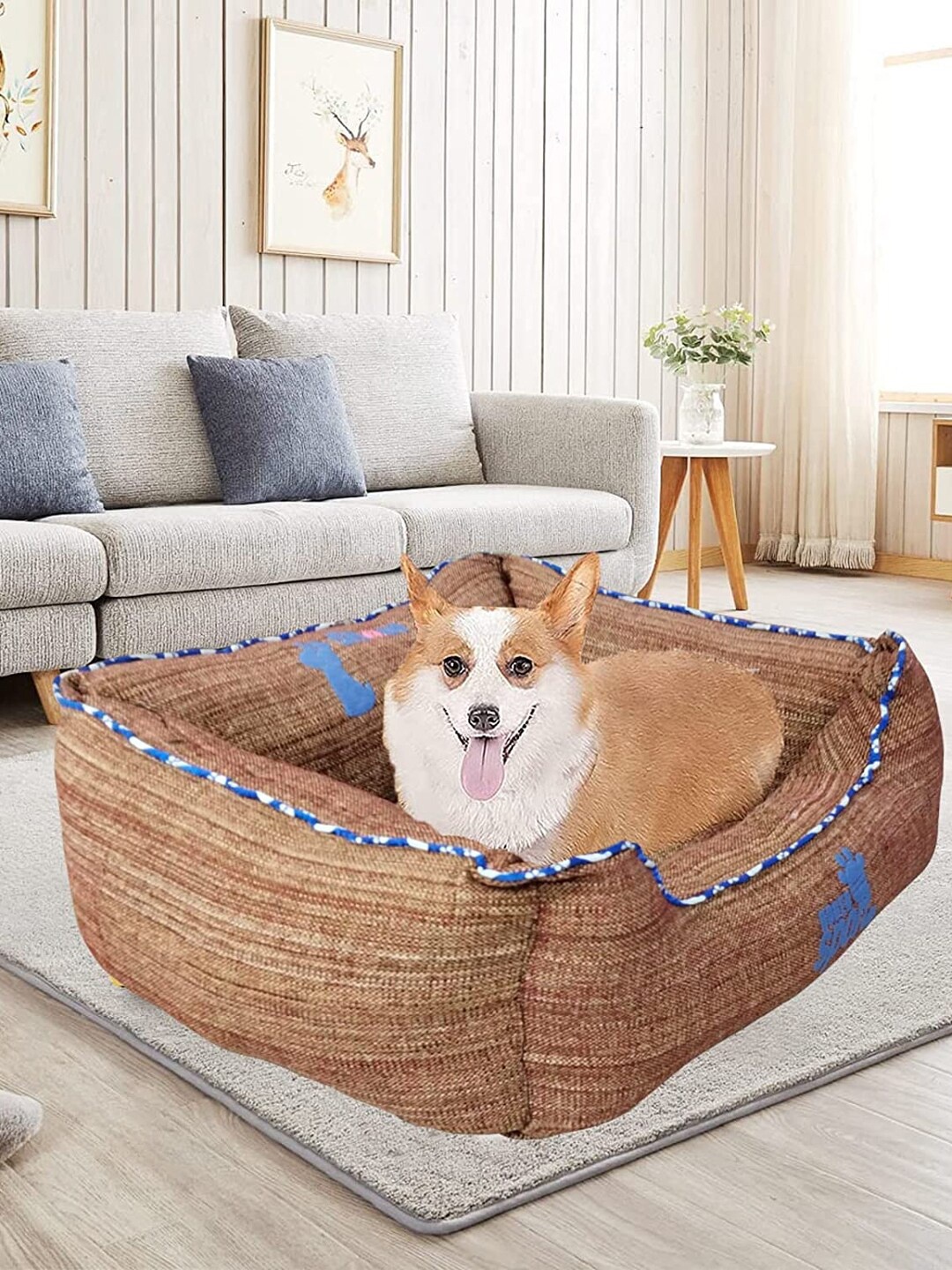 

Lulala Brown & Blue Printed Paw Square Dog Bed