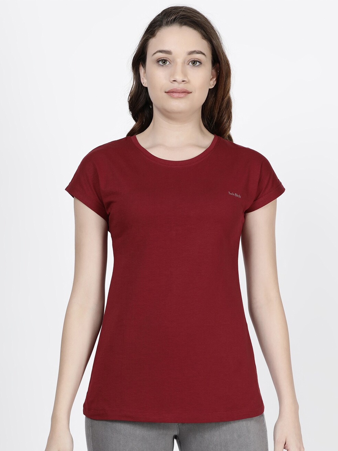 

TWIN BIRDS Women Red Pure Cotton T-shirt