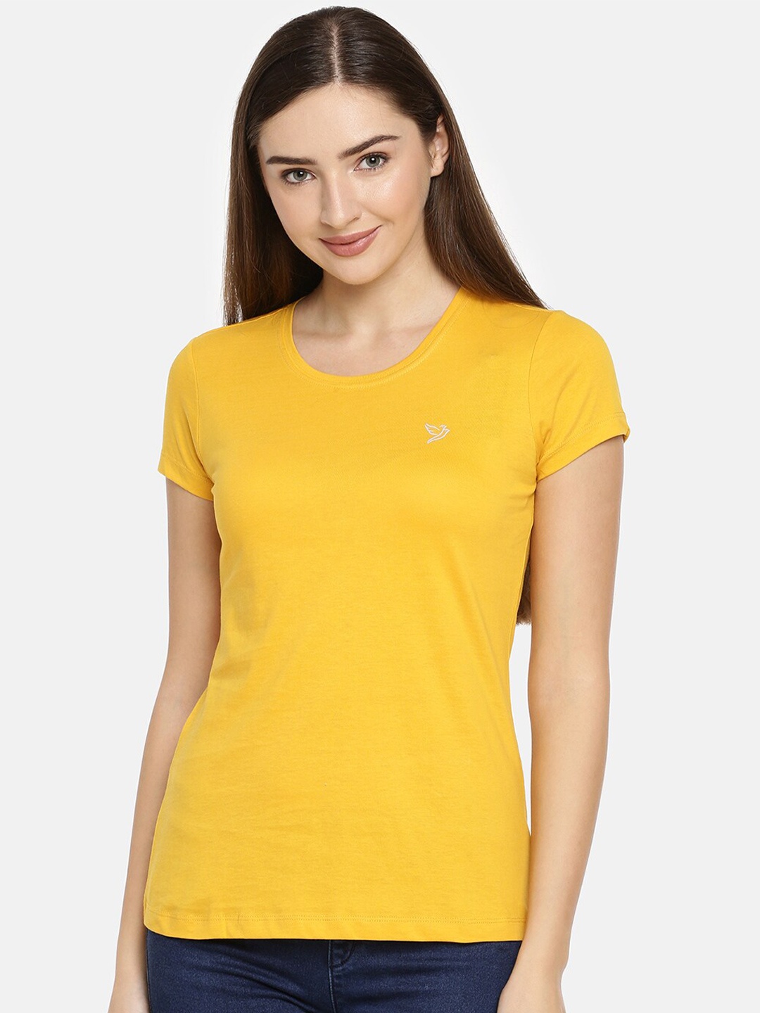 

TWIN BIRDS Women Yellow Pure Cotton T-shirt
