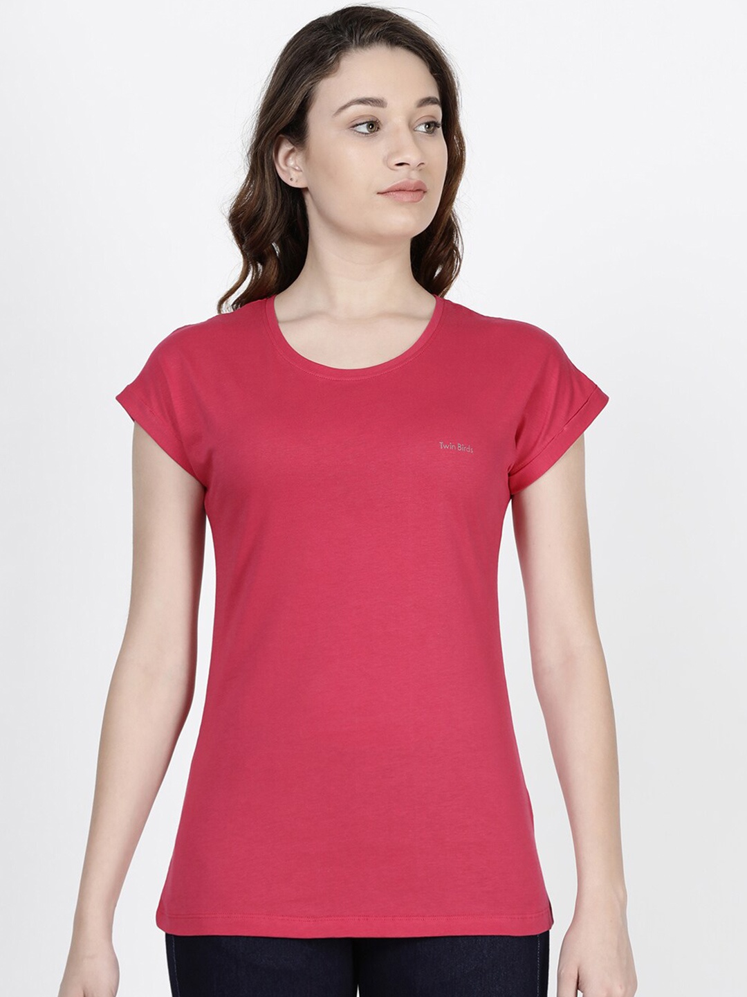 

TWIN BIRDS Women Pink Extended Sleeves Pure Cotton T-shirt