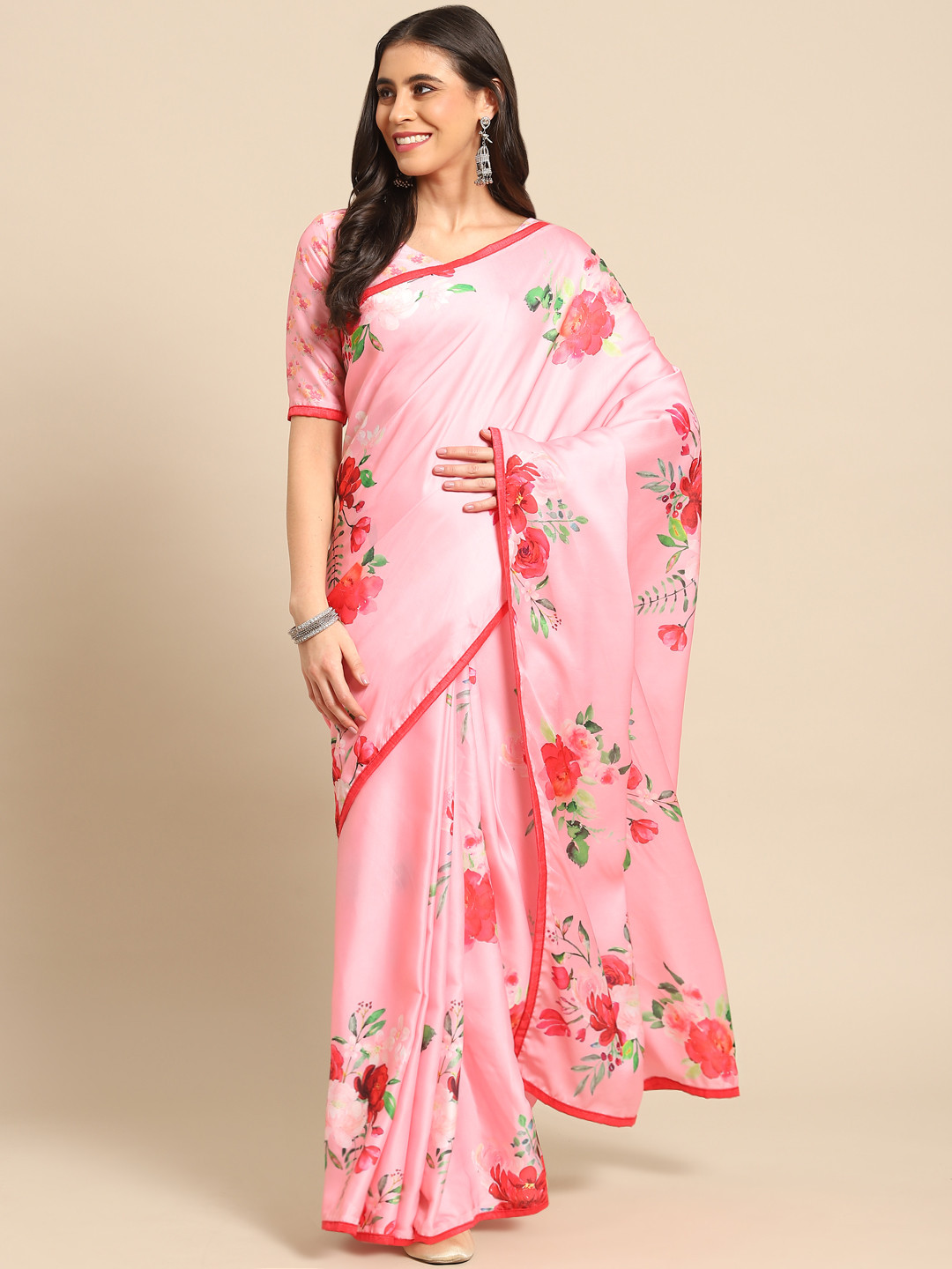 

Kalista Pink Floral Satin Saree