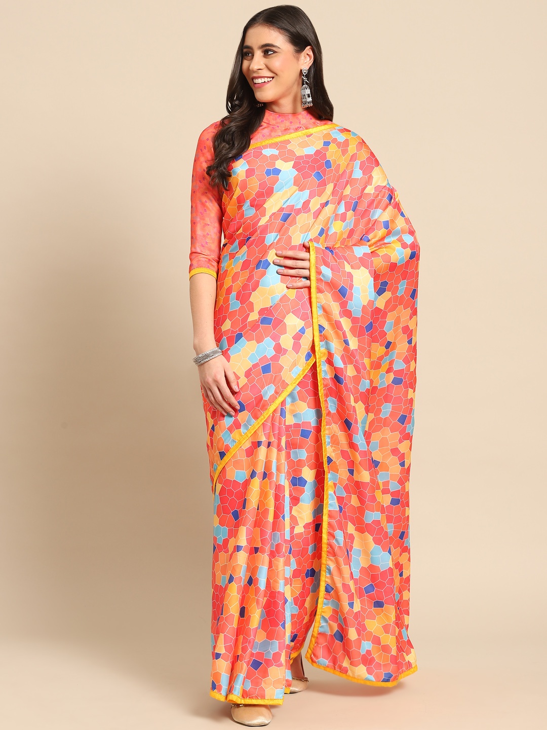 

Kalista Multicoloured Geometric Printed Satin Saree, Multi