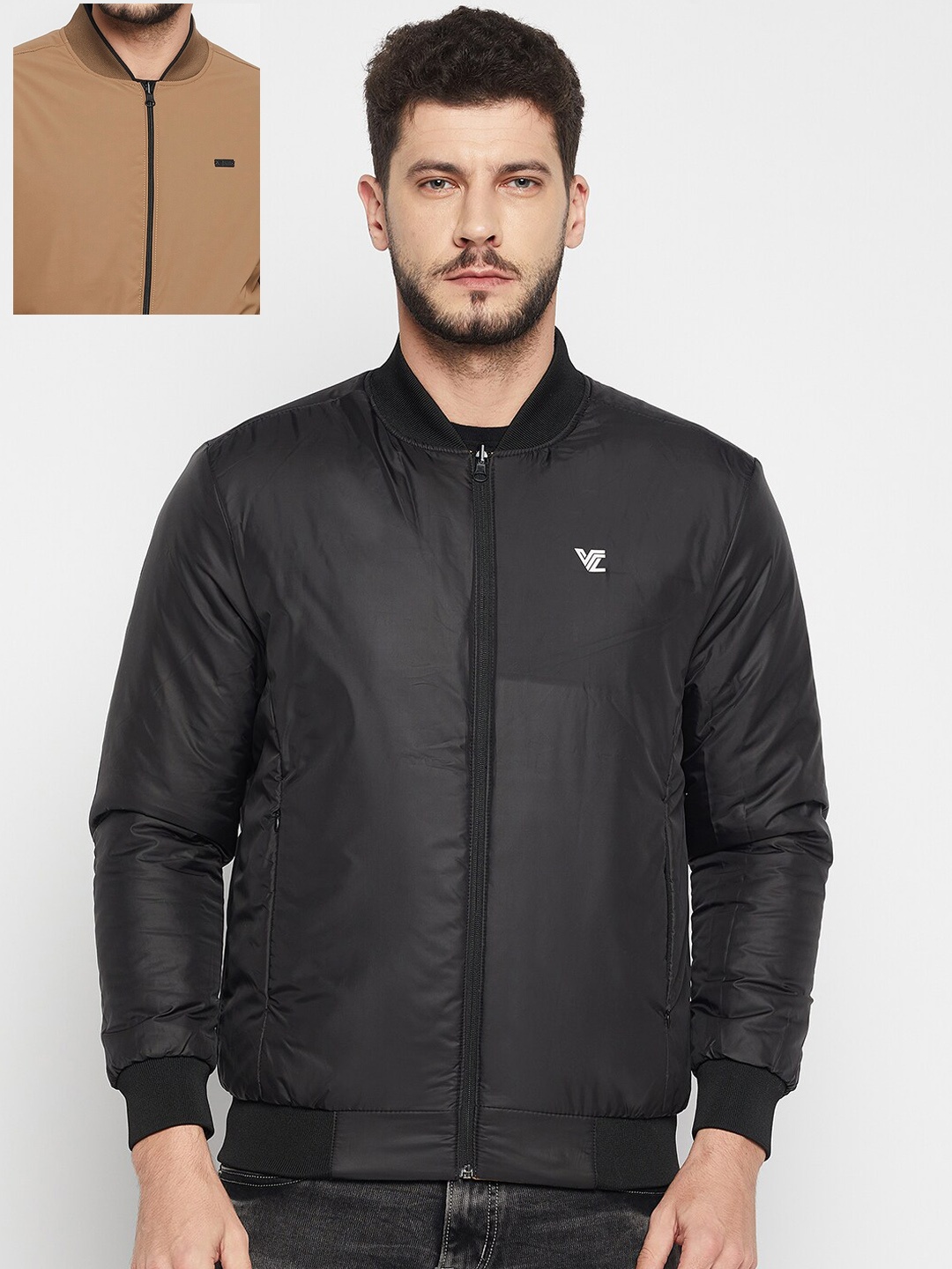 

Camey Men Camel Brown & Black Reversible Bomber Jacket