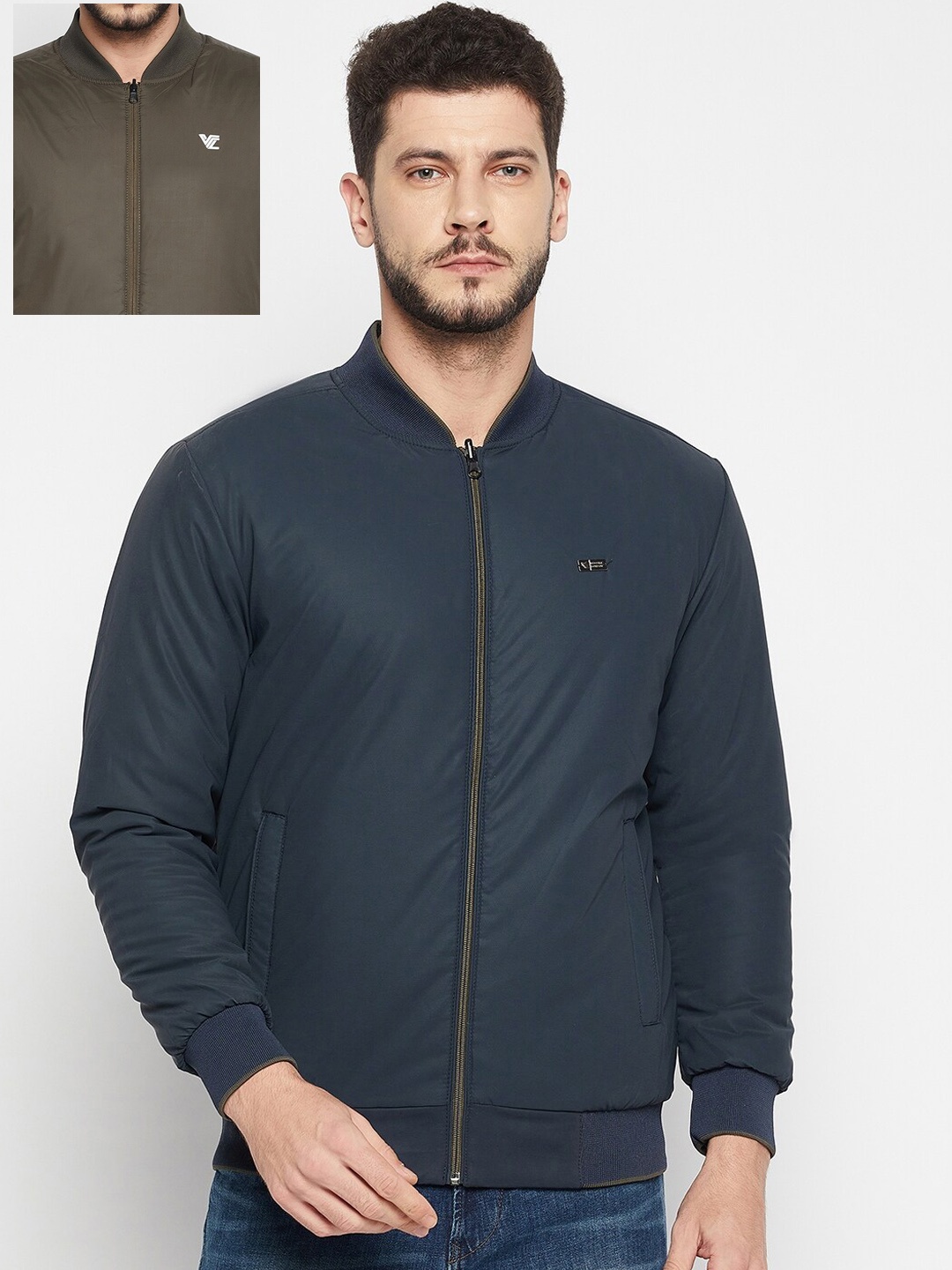 

Camey Men Navy Blue & Olive Green Reversible Bomber Jacket