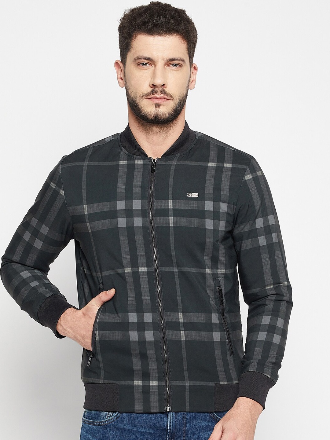 

Camey Men Olive Green Checked Lightweight Bomber Jacket