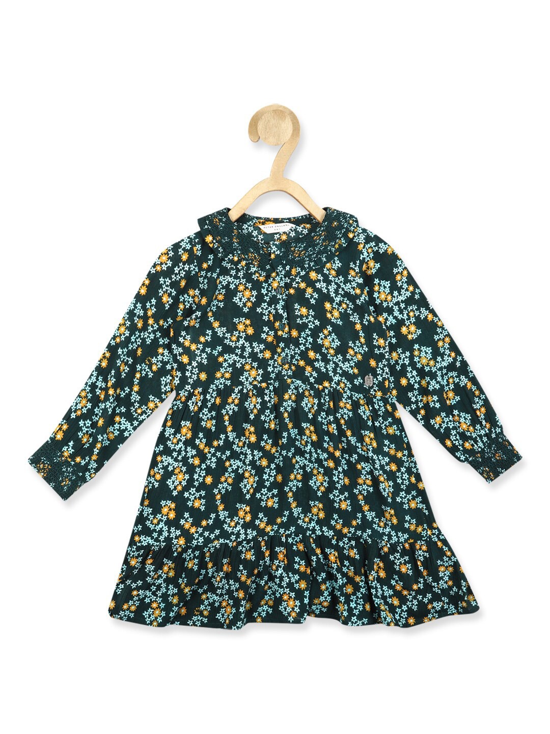 

Peter England Girls Green & Yellow Floral A-Line Pure Cotton Dress