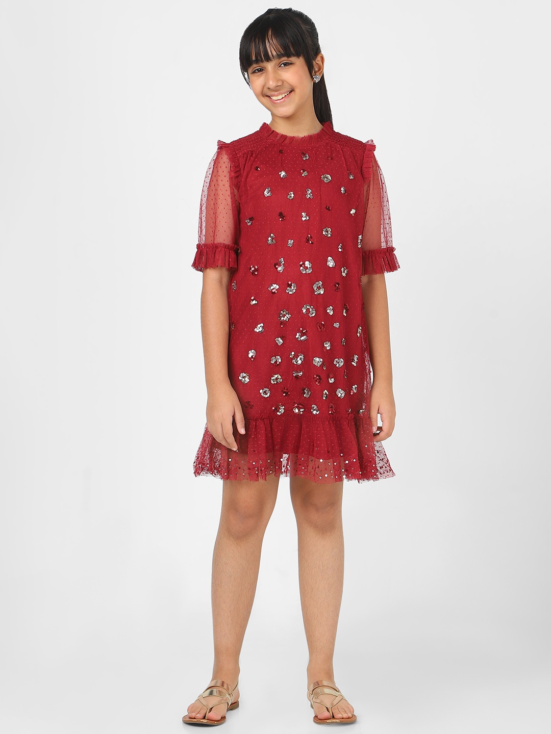 

Peter England Girls Maroon Embellished A-Line Dress