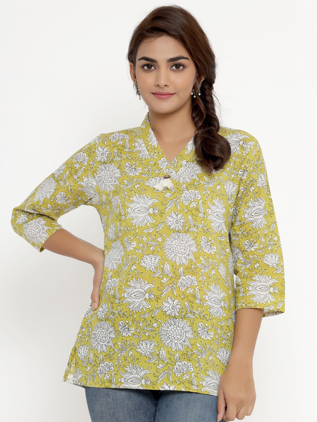 

MIRAVAN Women Yellow & White Floral Print Cotton Top