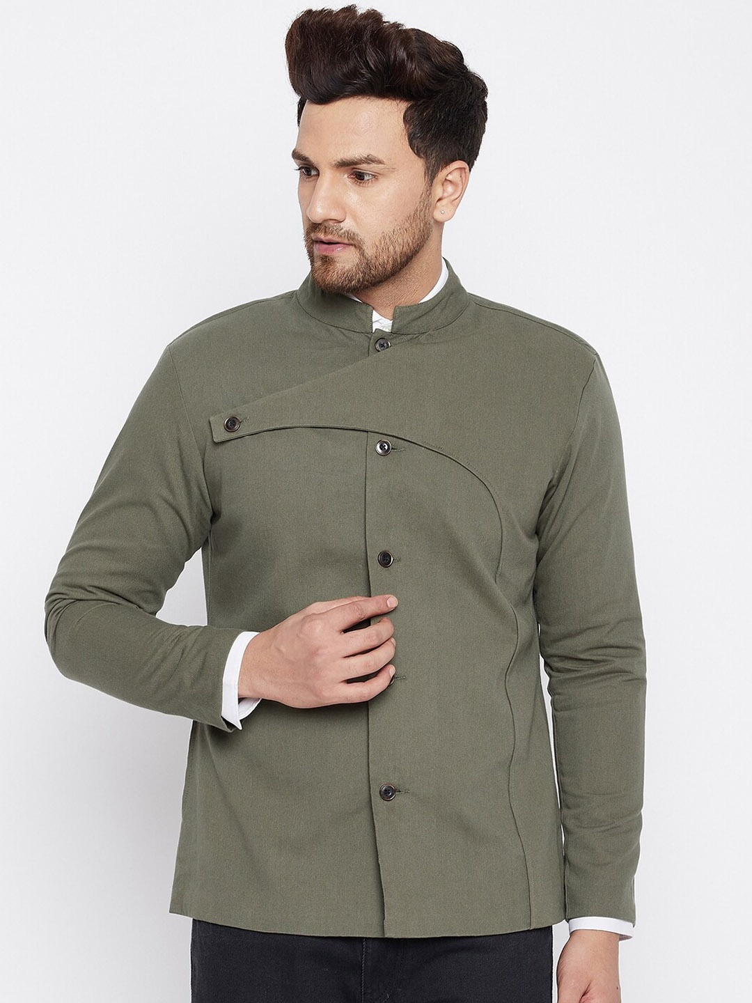

CHILL WINSTON Men Olive Green Solid Single-Breasted Bandhgala Blazer