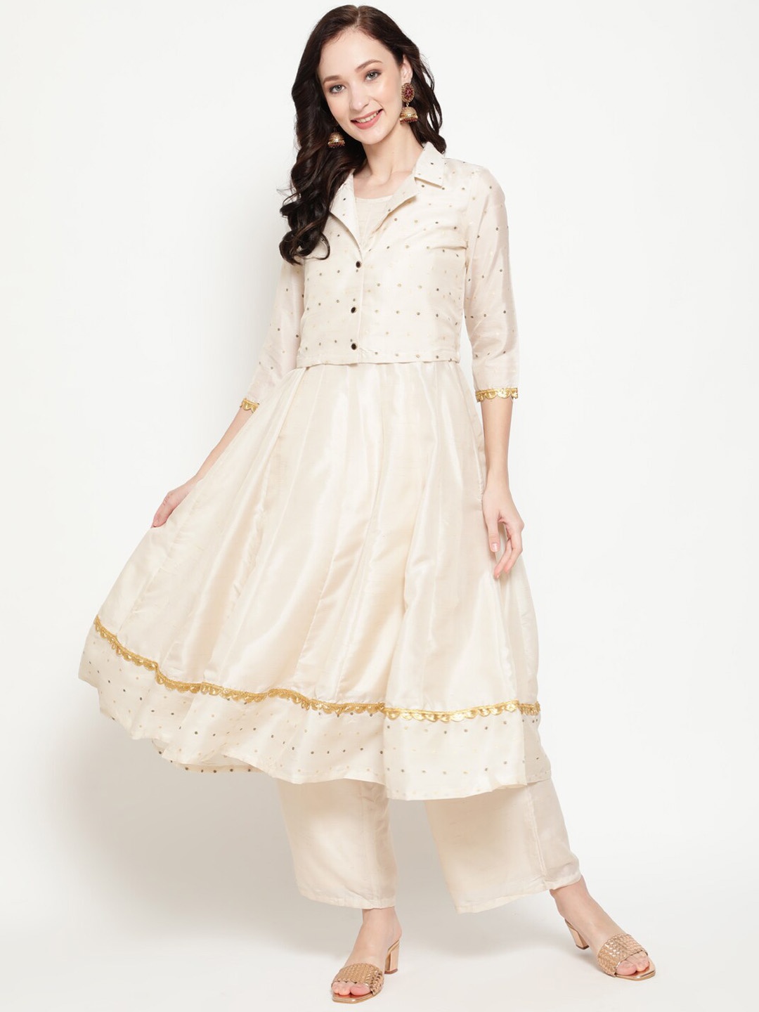 

antaran Women Off White Pleated Sequinned Kurta With Palazzos And Jacket